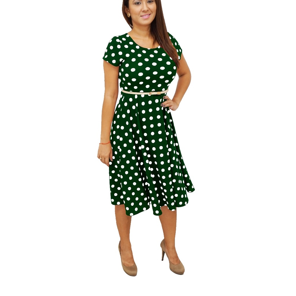 Short Sleeves Olive Green White polka Dots Dress